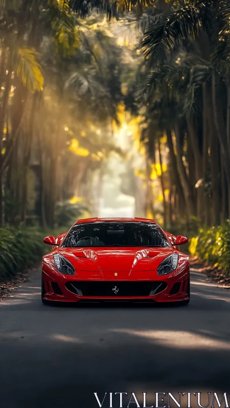 Red sports car parked on shaded tropical forest road.