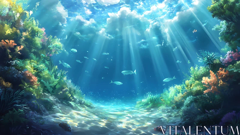 Sunlit coral reef valley with tranquil tropical fish schools.