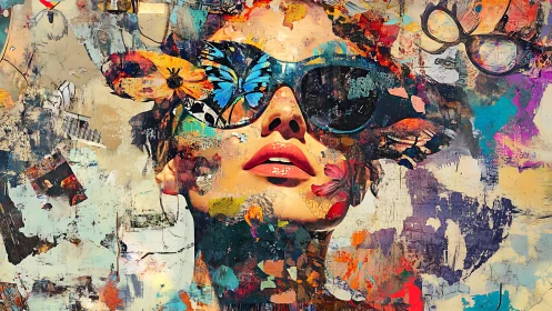Stylized female portrait with sunglasses in vivid collage.