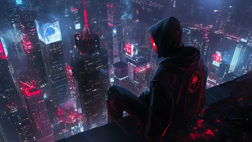 Hooded neon hacker brooding above rain-soaked cyber city.