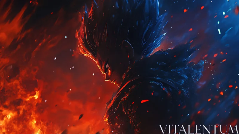 Silent flame warrior between burning red and cool blue.