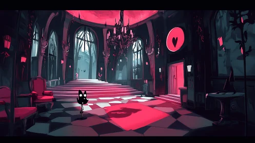 Moonlit cat wanders crimson-lit gothic ballroom of secrets.