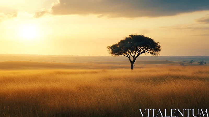 Solitary acacia tree stands over golden savanna at sunset