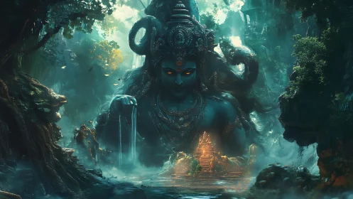 Giant blue deity rising over jungle temple and river.
