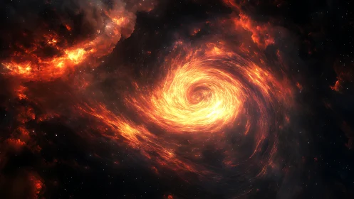 Fiery cosmic vortex swirling through deep space storm.