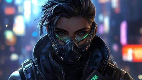 Cyberpunk operative portrait with neon city bokeh background.