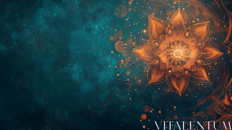 Geometric floral mandala over textured teal background.