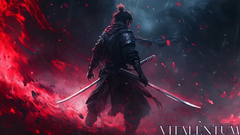 Lone samurai stands amid swirling red and blue storm.