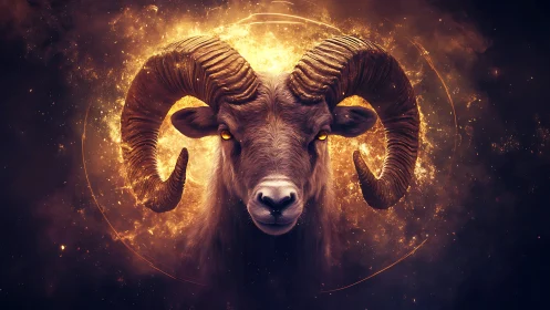 Celestial ram glows with fierce golden cosmic energy.