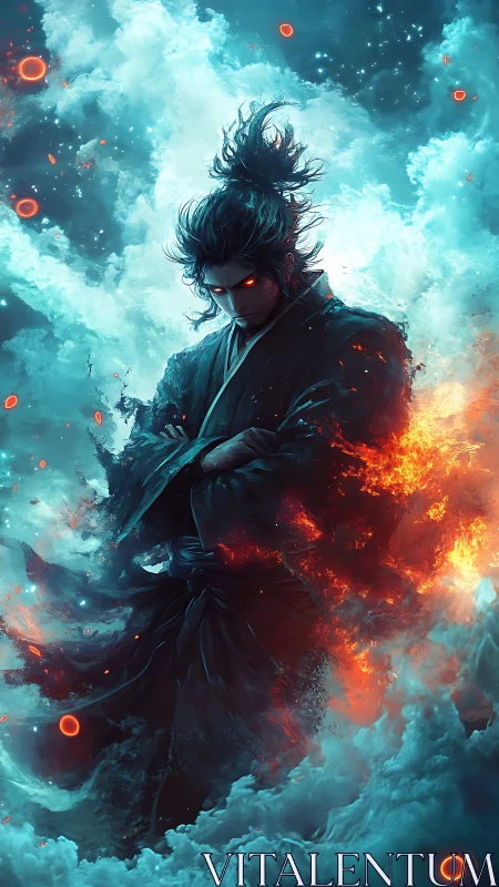 Storm-cloud samurai broods while fire and frost collide