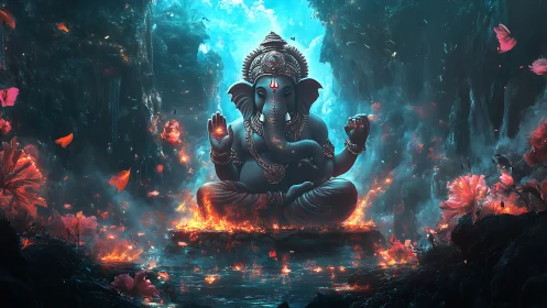 Ganesha statue in glowing cavern with floating petals.