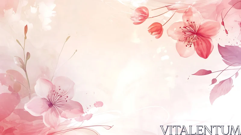 Pink floral composition with transparent watercolor blossoms and soft bokeh background