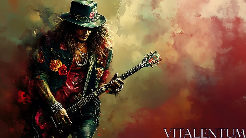 Rock guitarist ignites stage within swirling abstract smoke.