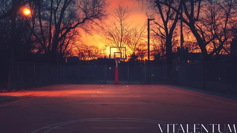 Quiet city basketball court glowing under a tender sunset.