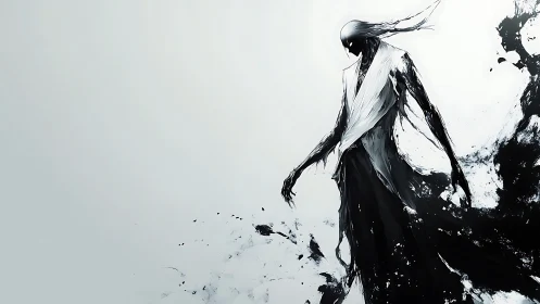 Monochrome spectral warrior dissolves into abstract ink void