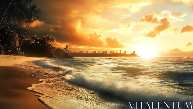 Golden shoreline sunset embracing a distant coastal city.