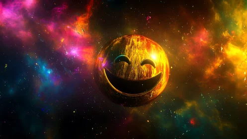 Smiling metallic sphere floats within vivid multicolored nebula