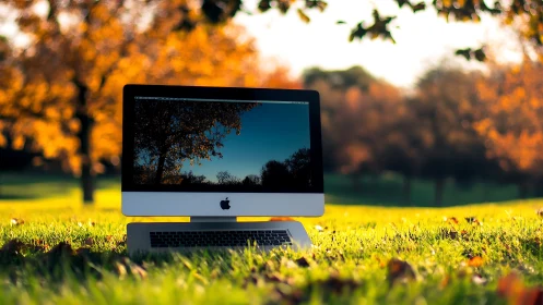 Desktop display in autumn park with mirrorlike screen reflection.