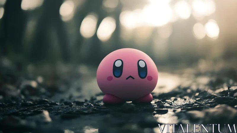 Pink round character on wet forest path at sunrise.