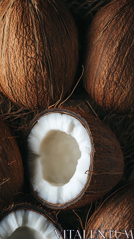 High-resolution macro study of halved and whole textured coconuts