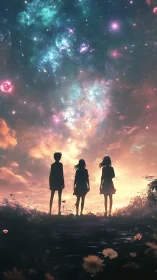 Stargazing silhouettes beneath a blooming nebula sky at dusk.