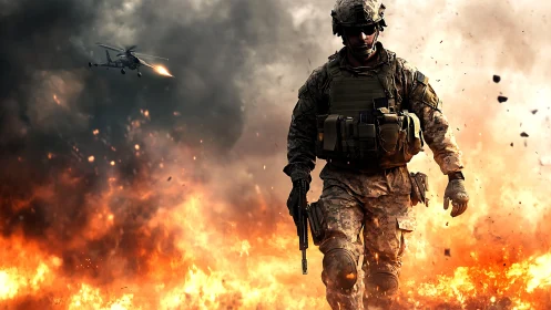 Heavily armed soldier advancing through battlefield firestorm
