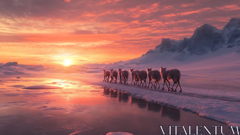 Arctic reindeer drift through molten sunrise over icewater.
