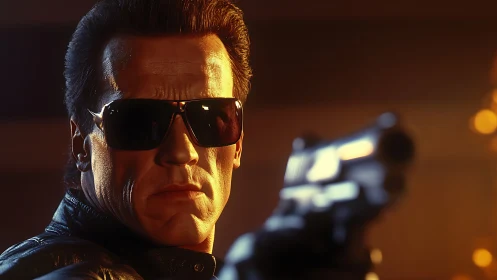 Cyborg enforcer aims pistol under warm cinematic light.