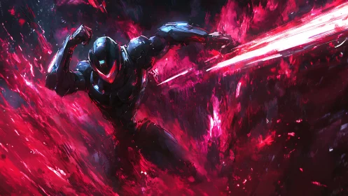 Cybernetic warrior cleaves crimson void with energy blade.