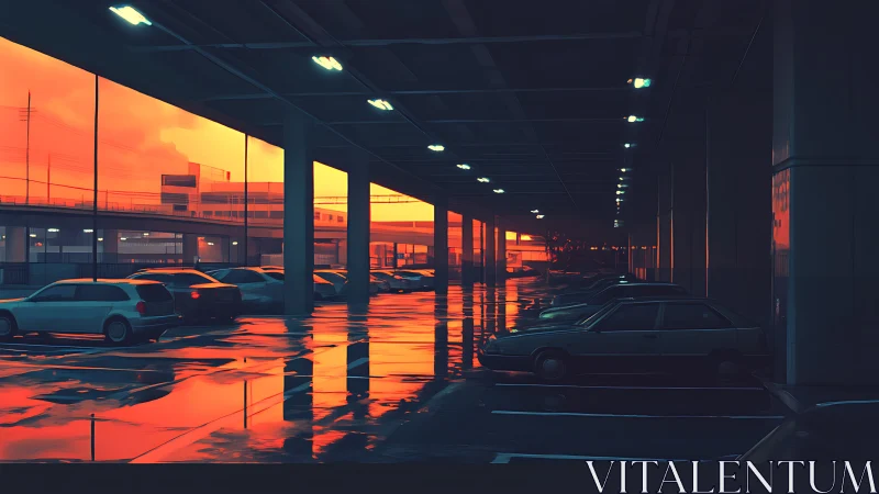 Rain-soaked parking deck reflects neon sunset horizon