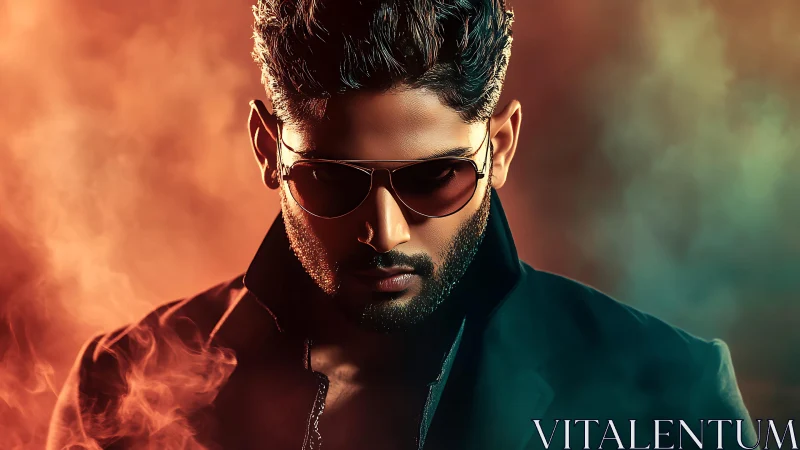 Man in sunglasses with colored smoke background portrait.