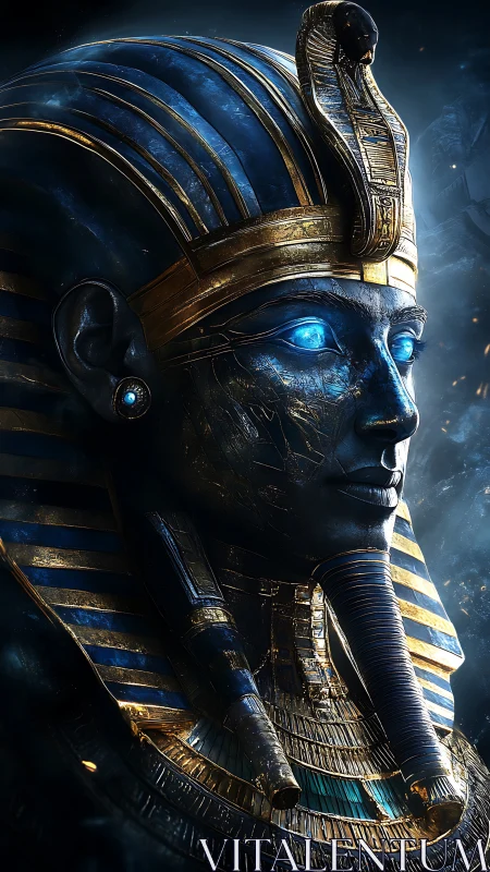 Cybernetic pharaoh bust with glowing blue eyes in profile.