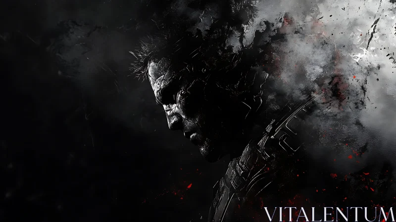 Shattered cybernetic warrior dissolves into smoke and embers