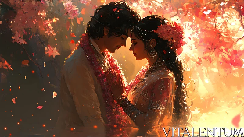 Wedding couple embraces amidst luminous floral cascade and golden atmospheric effects.