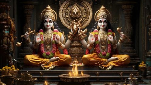 Divine twin deities in ornate temple with golden fire altar.