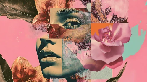 Floral collage portrait against bold pink abstract background.