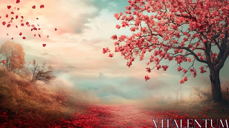 Pink blossom tree stands over misty path in soft light