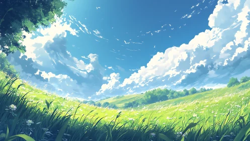 Sunlit meadow stretches under vast drifting summer clouds