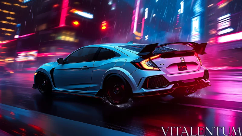 Honda Civic Type R in neon-soaked cyberpunk night rain city