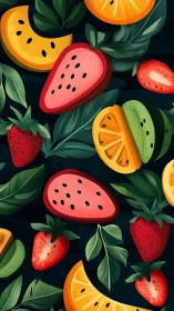 Midnight fruit confetti swirling through painted jungle leaves.