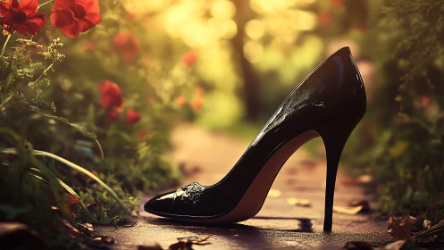 Black stiletto shoe on garden path in soft sunlight.