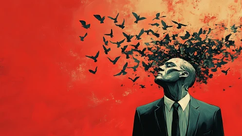 Silhouetted birds disperse from a suited man&rsquo;s dissolving head