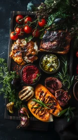 Rustic grilled meat and vegetables arranged on dark platter