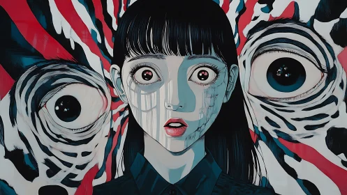 Wide-eyed girl meets surreal gaze in a bold graphic dream