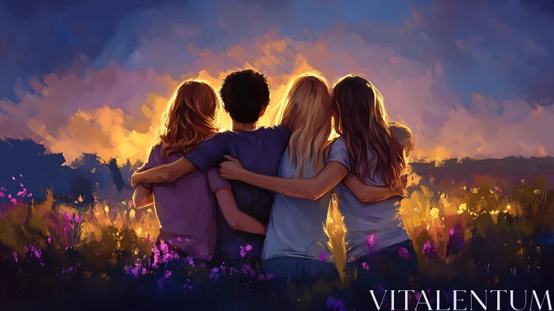 Friends Embracing at Sunset in Impressionist Style Landscape.