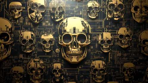 Golden cyber skulls float over dark circuitry in eerie glow