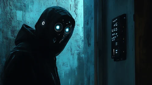 Hooded cybernetic infiltrator illuminated by teal access panel.