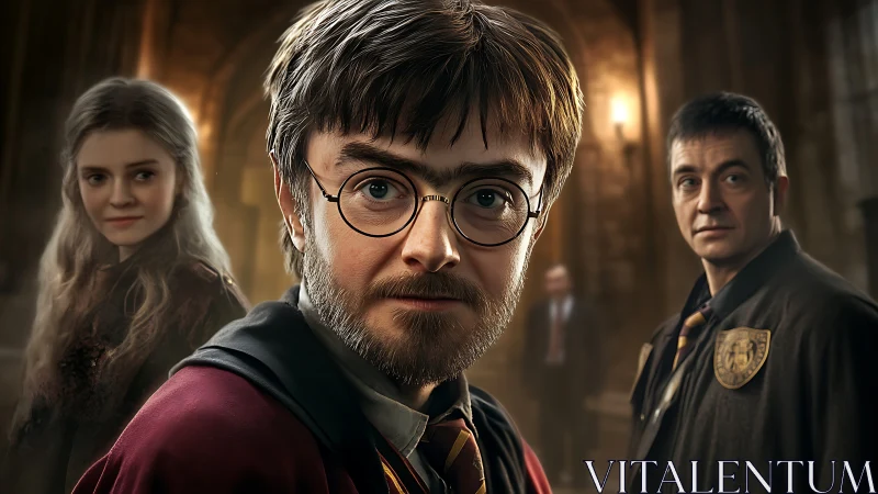 Wizarding trio in dramatic hall, cinematic close portrait.