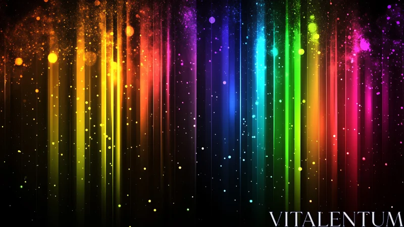 Vertical neon spectrum beams cascade through particulate glow