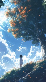 Solitary child beneath towering autumn tree studies radiant sky